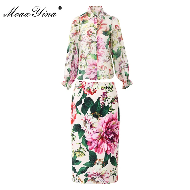 MoaaYina Fashion Designer Set Spring Women Long sleeve Silk Shirt Tops+Skirt Elegant Floral-Print Two-piece set | Женская одежда