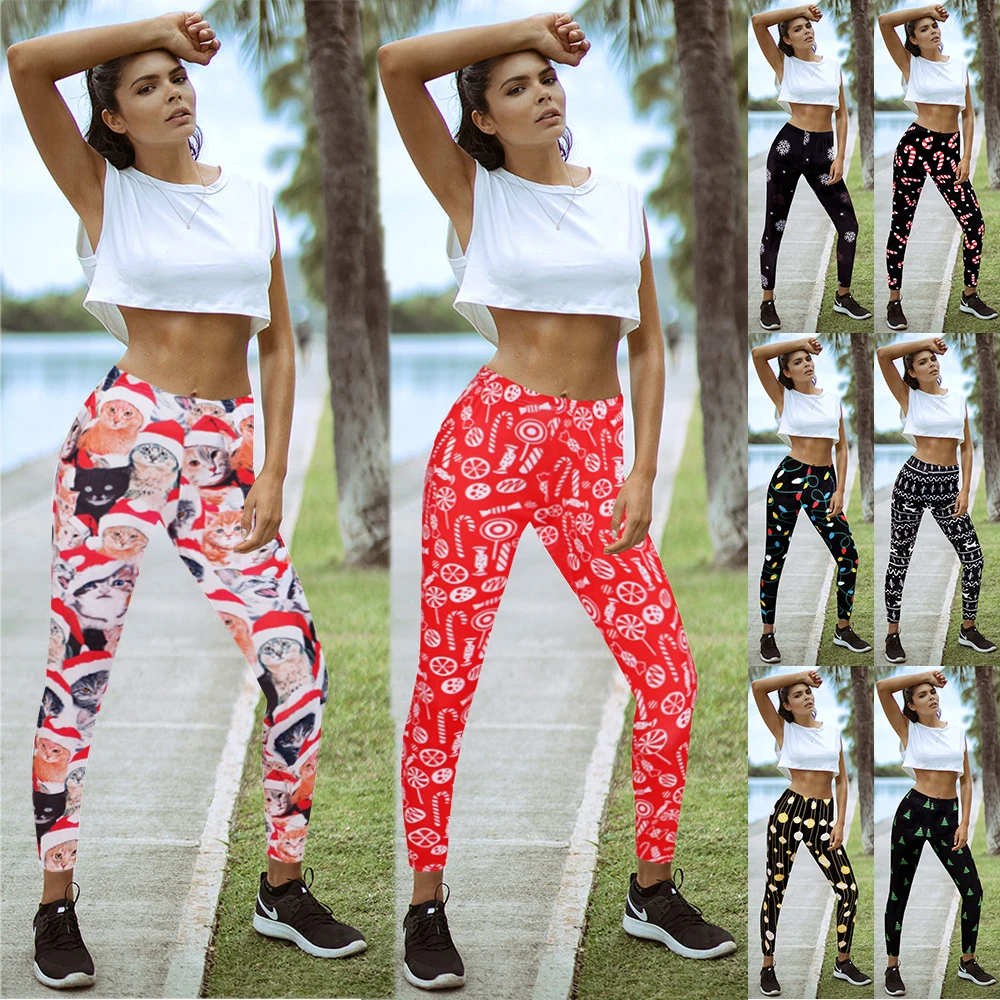 

2020 Christmas Cartoon Printed Pants Elastic Waist Slim Trousers for Women Holiday Party Multiple Styles