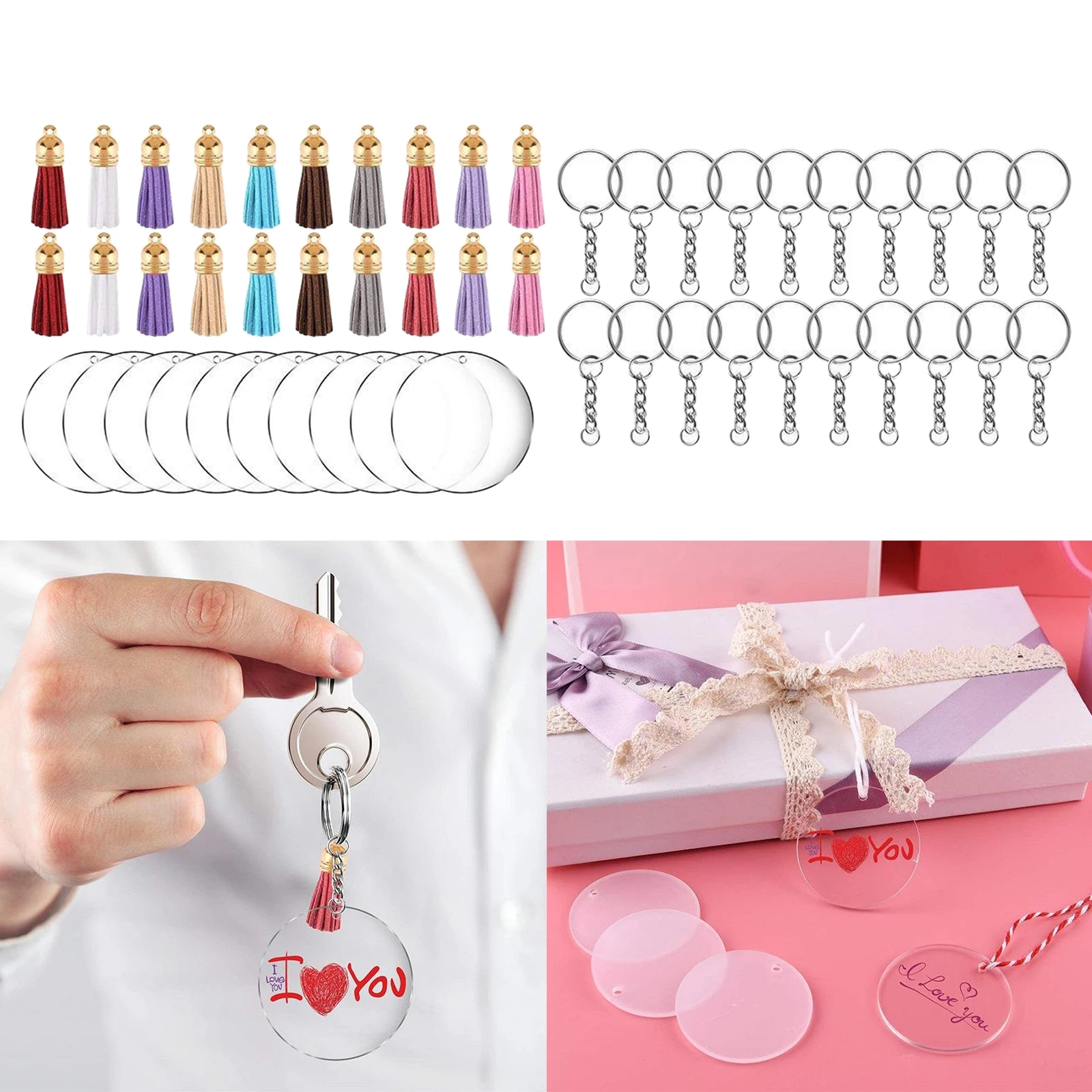 90Pcs Acrylic Discs Keychain Blanks Tassels Pendants Key Chain DIY Bag Charm Kit