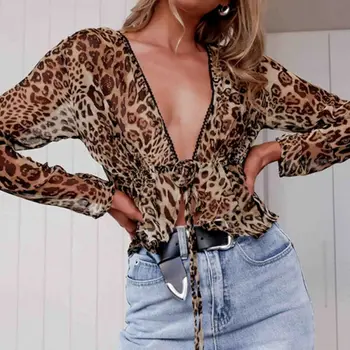 

Sexy Leopard Printed Shirts Women Tops Blouse Long Sleeve Deep V-Neck Elegant Ladies Casual Blouses hot