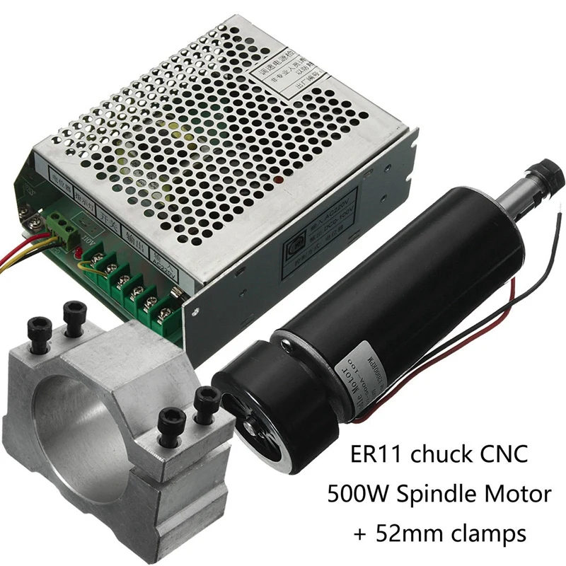 500W Air Cooled Spindle ER11 CNC Spindle Motor Kit+ Adjustable Power Supply 52MM Clamps ER11 Collet Chuck For Engraving Machine