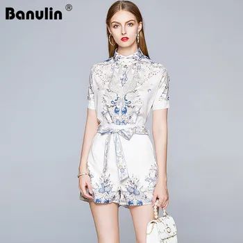 

Banulin Runway Designer Casual Holiday Vacation Shorts Set Women's Short Sleeve Print Blouses + Shorts Two Pieces Set Suit