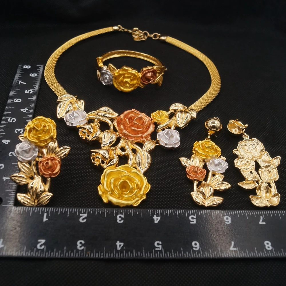 Newest Italian Jewelry Set High Quality Color Rose Flower Necklace Wedding Party Fashion Earring Bracelet H0085