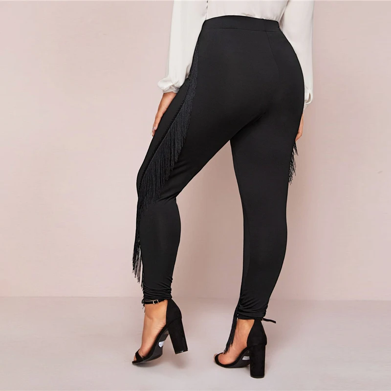 SHEIN, черные обтягивающие леггинсы с бахромой размера плюс, женские осенние однотонные длинные облегающие леггинсы, гламурные леггинсы Highstreet