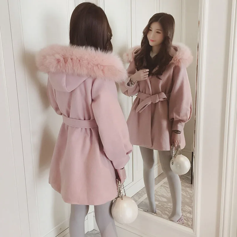 Зимний стиль, шикарный розовый меховой воротник, короткий рост, Толстая шерстяная куртка, Женское шерстяное пальто средней длины с талией, модное