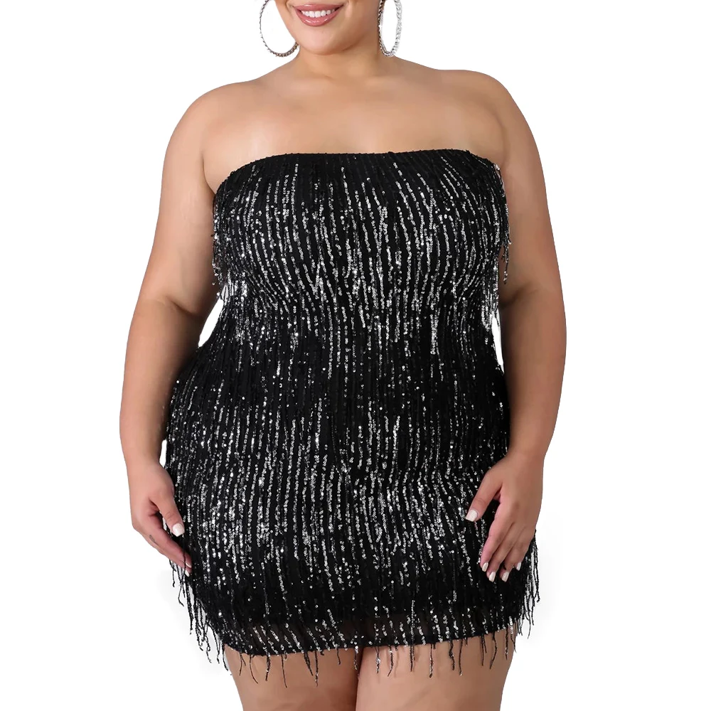 

5XL Summer Sexy Mini Dress Plus Size Women Wrapped Chest Tassel Dress Off Shoulder Sparkly Club Dress Streetwear vestidos D30