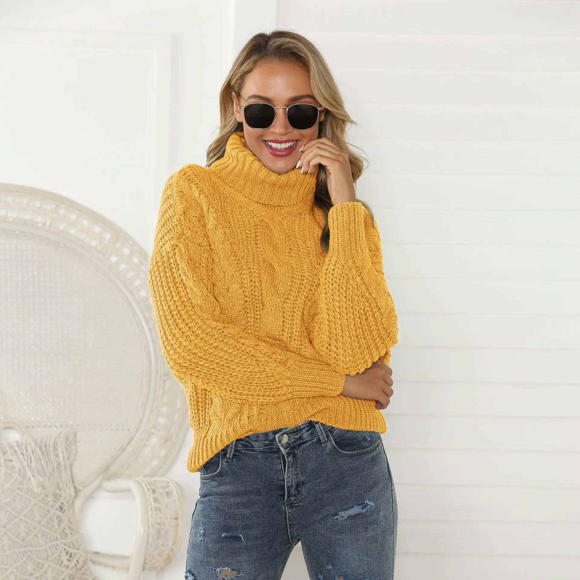 

2019 New Women Turtleneck Knitted Sweater Pullover Winter Thick Warm Jumper Solid Color Pull Femme High Quality