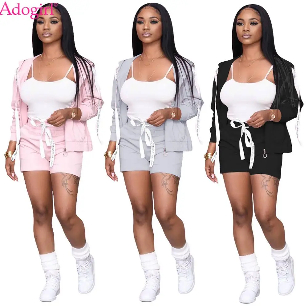 

Adogirl Solid Three Piece Tracksuit Set Women Autumn Camisole Long Sleeve Zipper Jacket With Pockets Shorts Loose Jogging Suit
