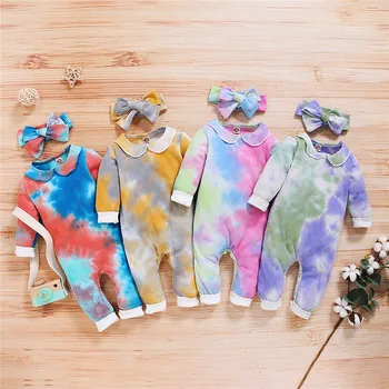 

Newborn Infant Baby Boys Girls Tie-dyed Knitted Romper Jumpsuits Autumn Toddler Kids Baby Long Sleeve Jumpsuits with Headband