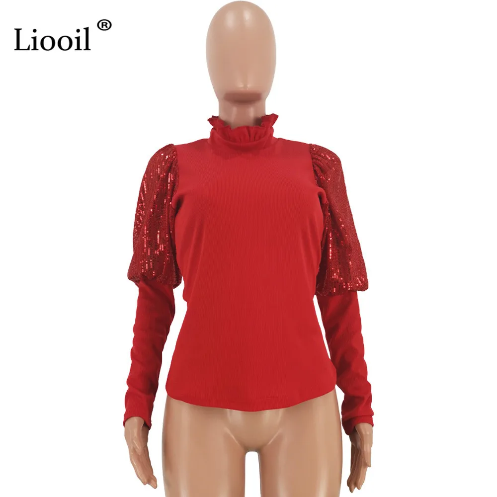 Liooil, Сексуальная Блузка с блестками, женская черная рубашка, облегающий Топ,, уличная одежда, длинный Пышный рукав, о-образный вырез, бодикон, Женские топы и блузки