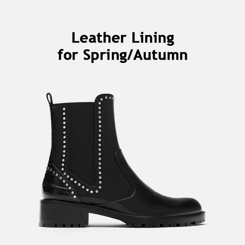 Зимние женские Ботинки martin на платформе и не сужающемся книзу массивном каблуке; черные кожаные женские ботильоны с шипами; зимняя обувь на платформе с заклепками и мехом - Цвет: Black Leather Lining