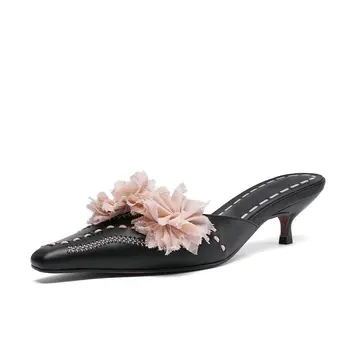 

100% Cow Leather 6cm Thin Heels Women Slippers Pointed Toe Summer Ladies Flower Women Party Mules Shoes Woman