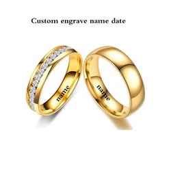 Gold Color Lover Crystal Stainless Steel Rings for Men Women Wedding Band Custom Engrave Name Charm Gift