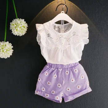 

Summer Pretty Toddler Baby Kids Girls White Hollow Out Lace T-shirt + Floral Pants Shorts Set 3-7Y