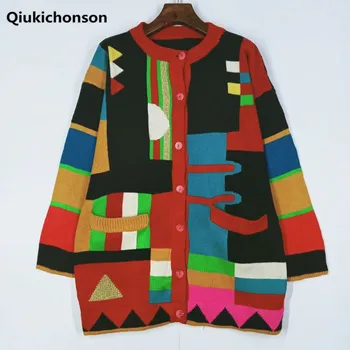

Vintage Colorful Geometric Cardigen Women Autumn Winter Medium Long Button Up Cardigan Coat Sweaters Knit cardigan de mujer