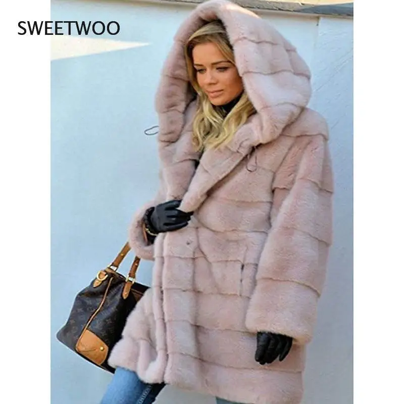 European and American Mid-Length Solid Color Loose Plush Hooded Coat Faux Fur Autumn and Winter Warm Jacket