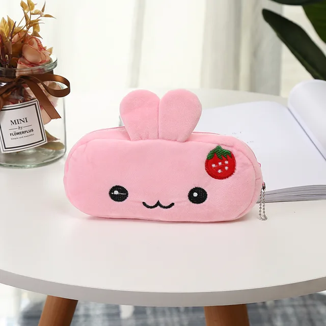FUDEAM Soft Plush Cartoon Women Long Coin Purse Cute Zipper Girl School Stationery Pencil Case Usb Cable Storage Bag Key Wallet Strawberry Rabbit