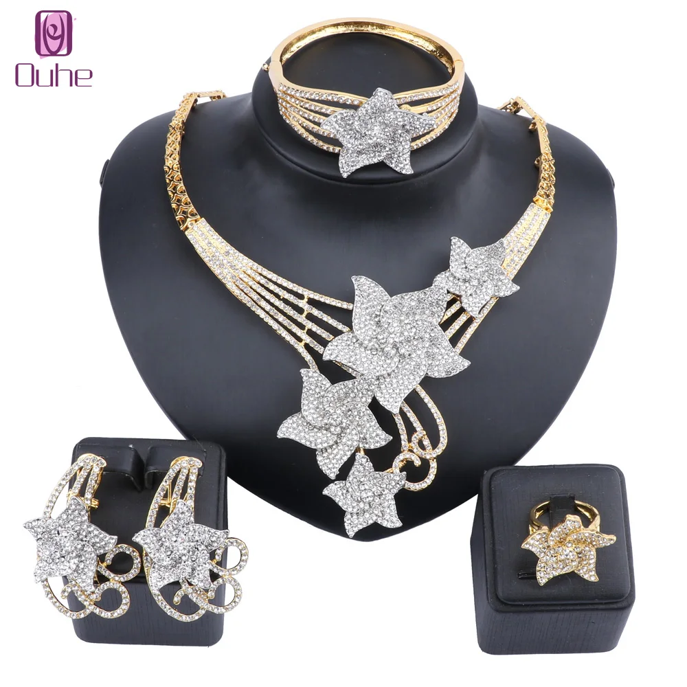 Fashion Star Rhinestones Crystal Necklace Bracelet Wedding Party Elegant Women Earrings Ring Classic Jewelry Sets | Украшения и