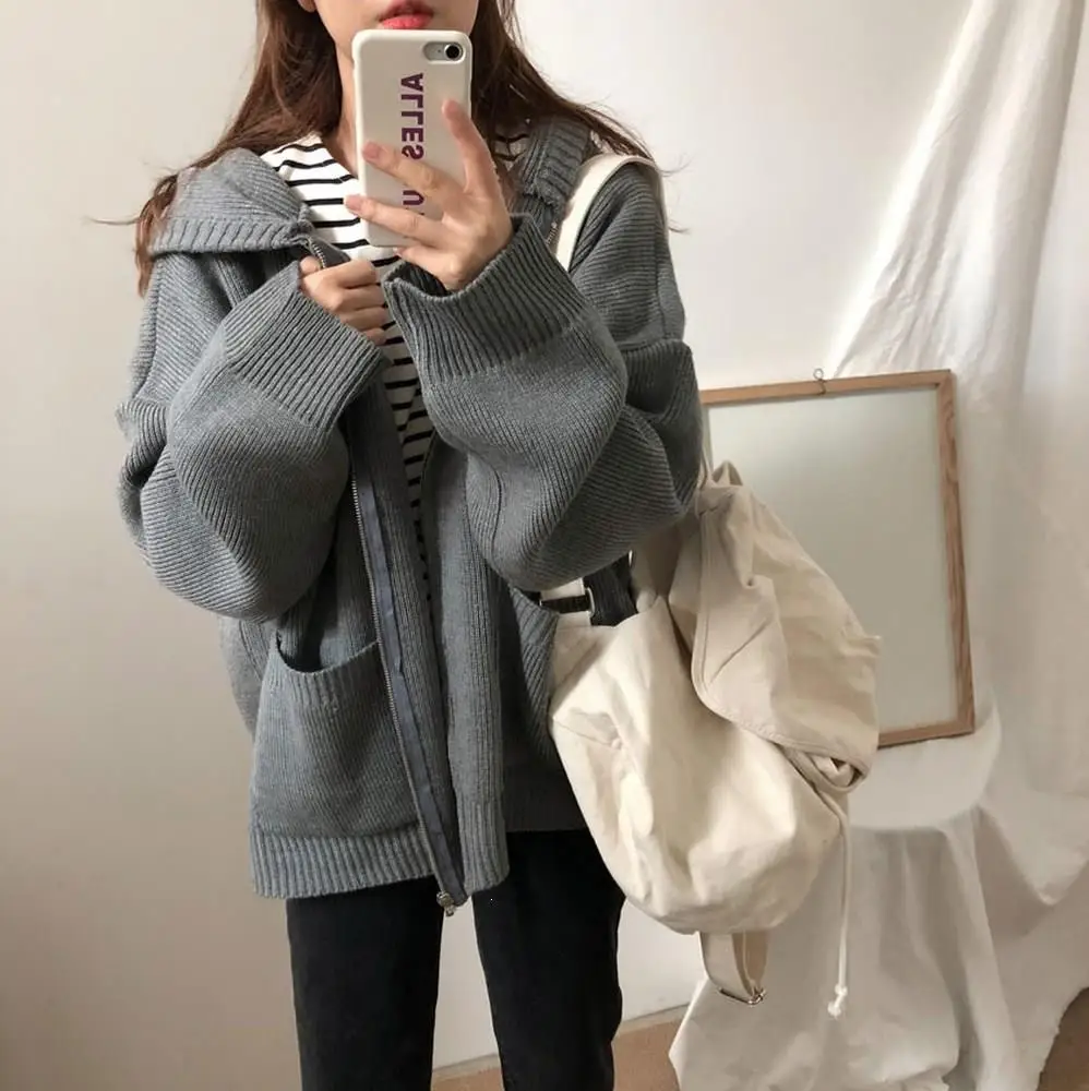 Women Autumn Winter Casual Zipper Hooded Cardigans Plus Size Solid Knitted Coat Loose Pockets Thick Sweater
