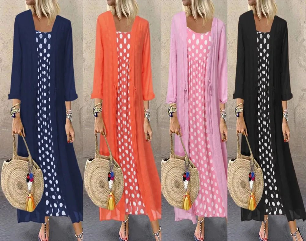 

New Style Hot Selling Dotted Print Lace-up Plus-sized Two-Piece Dress And Long Sleeve