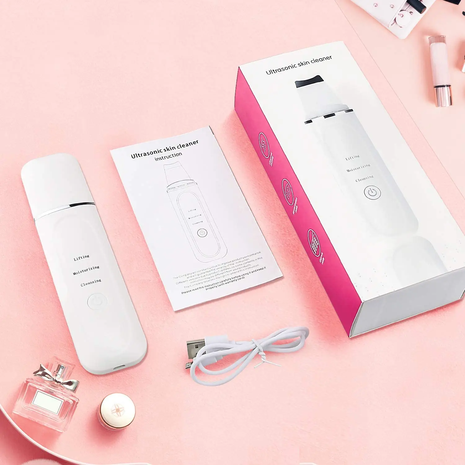 45&deg;C Heat Facial Skin Scrubber Electric Ultrasonic EMS Ion Face Cleaner Blackhead Removal Face Lifting Massager Wrinkle Remover