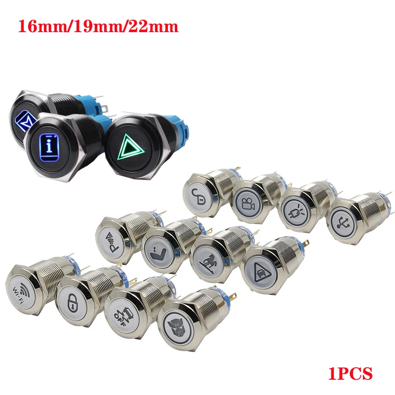 16/19/22mm Metal Push Button Switch LED Light DIY Logo Symbol Icon Signal Customization Waterproof Chromed Oxide Black for Car