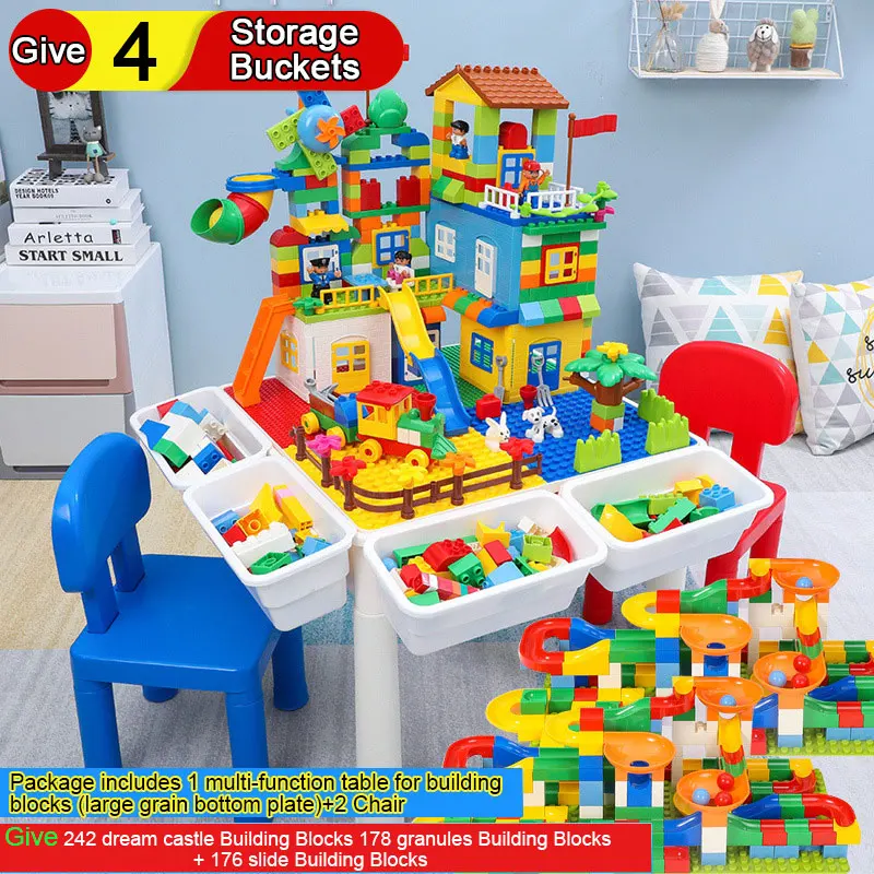 

New Multi-function Table for Building Blocks Give 242 Dream Castle Building Blocks 4 Storage Buckets 178 Slide Building Blocks