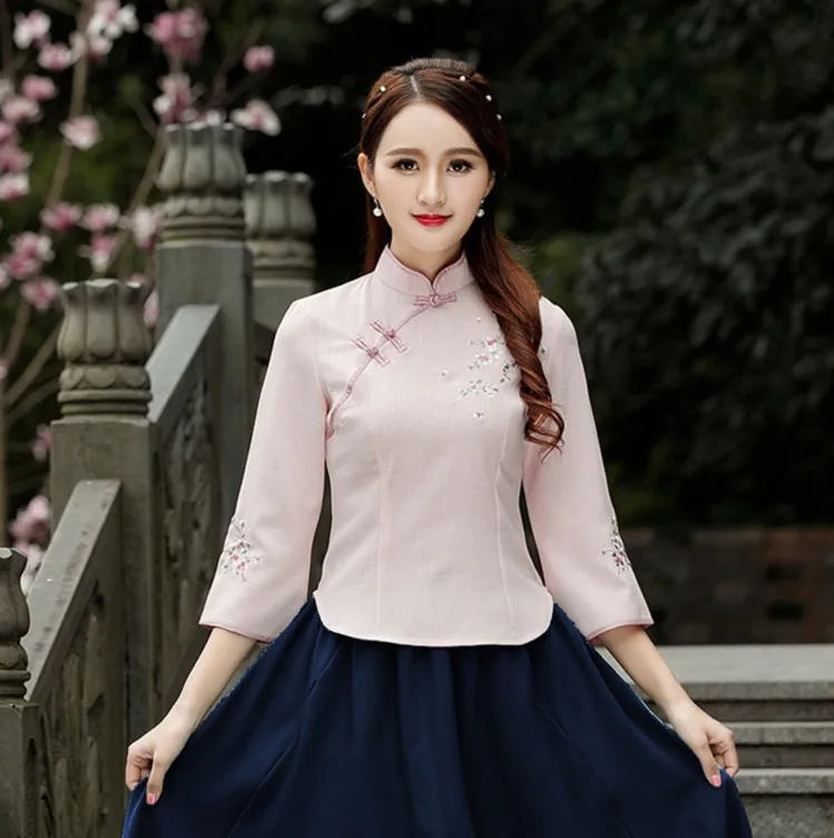 Зеленые хлопковые топы Qipao восточные Чонсам с коротким рукавом Hanfu рубашки винтажная блузка женская традиционная китайская одежда для женщин