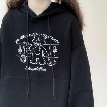 

Spring new Women Bear Embroidery Casual Hooded Hoodie Sweatshirt Teen Girls Student Japanese Loose Black Harajuku Pullover Tops