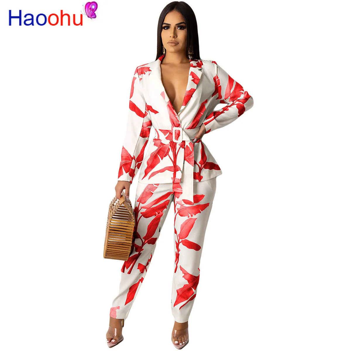 

HAOOHU Autumn Women leaf print long sleeve blazer & pants suit two piece set sexy party tracksuit outfit office lady overalls