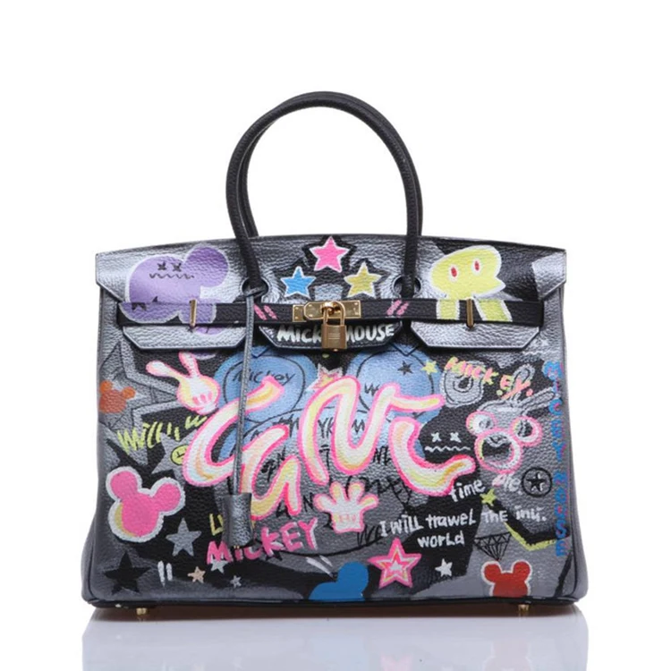 

2019 American Graffiti Printed Cartoon High Quality leather Platinum Package Buckle handbag with Multicolored print for New York