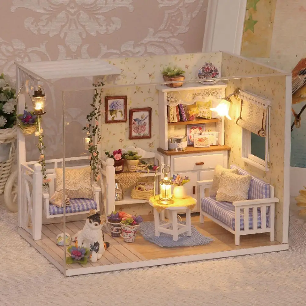17.1cm×11.6cm×13.1cm 3D Mini LED Doll House Furniture DIY Handmade Model with Cover Toy Desk Decor gift for children | Игрушки и хобби