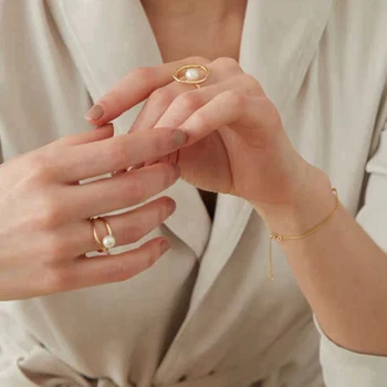 

New Chic Design Ring A Pearl Elegant Imitation Pearl Simple Round Hollow Geometric Ring Female Party Jewelry Gift