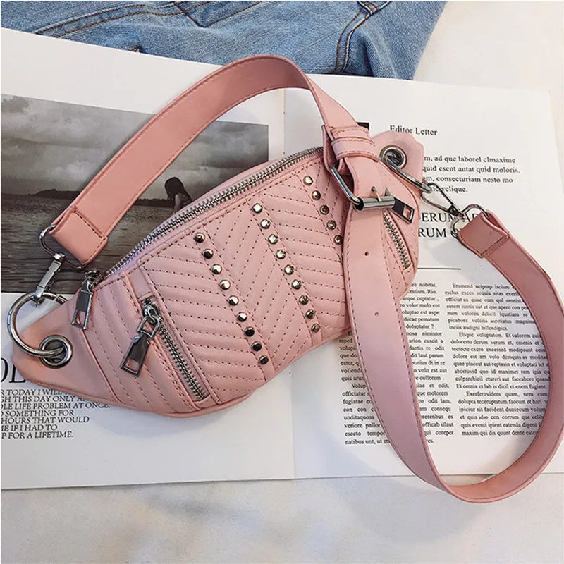 

New Rivet Waist Bag Female Belt Waterproof Chest Handbag Leather Fanny Pack Ladies Waist Pack Belly Bags Purse Messenger Bag