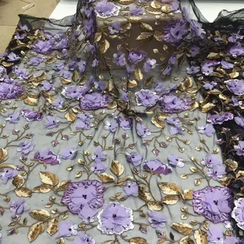 

Top quality purple color embroidered net lace fabric with 3D flower JOY-22901 beaded african tulle lace fabric for wedding dr