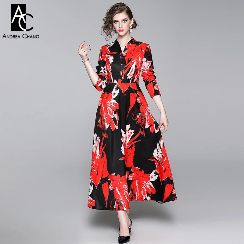 

S-XXL autumn winter woman dress black background white red flower pattern print dress v-neck ankle length fashion maxi dress