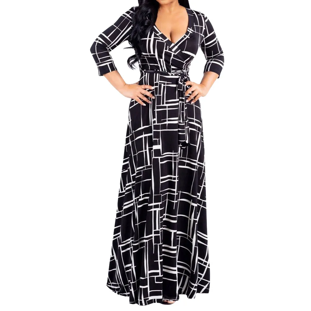 

SAGACE Fashion Women Casual Print Three Quarter V-Neck Bandage Loose Long Dress Polyester plus size Sexy Princess Dress August 1