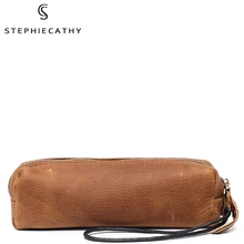 

SC Genuine Leather Pencil Case Vintage Design Pen Bags Wristlet Zipper Pouch Stationary Storage School Office Supplies Organizer