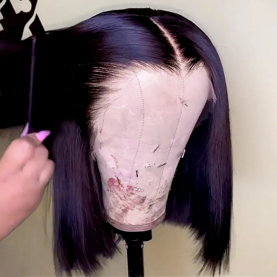 150-Lace-Front-Human-Hair-Wigs-Straight-Short-Bob-Wig-For-Women-Natural-Black-Remy-Brazilian