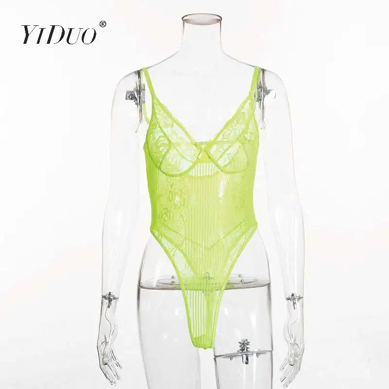 Neon Yellow YiDuo, 20 цветов,, тонкий кружевной комбинезон для женщин, открытая спина, прозрачная сетка, бант, сексуальный комбинезон,, комбинезон с цветочным рисунком, на бретелях, боди - Цвет: Neon Yellow