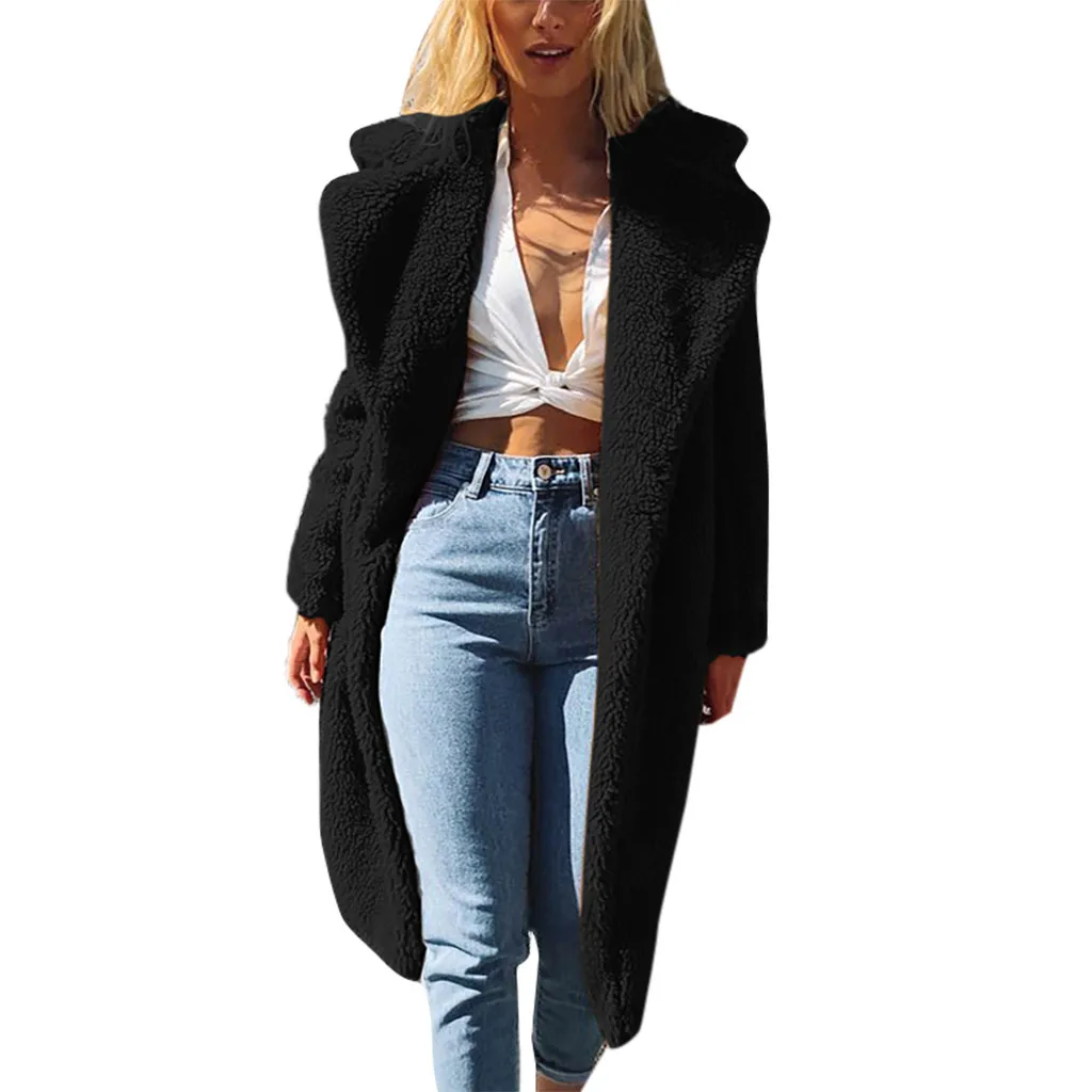 Зимние теплые пальто больших размеров, длинное однотонное пальто из искусственного меха, повседневная женская меховая куртка с длинными рукавами, верхняя одежда 19Sep24 - Цвет: BK