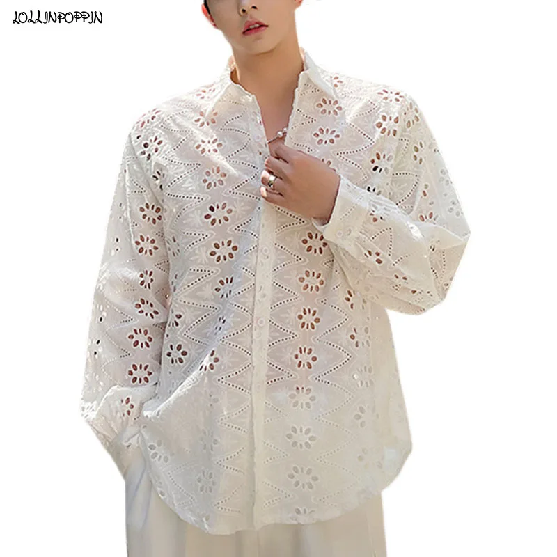 

Designer Men Hollowed Out Long Sleeve Lace Shirt Turn Down Collar 2021 Spring Summer Korean Style Mens Casual Floral White Shirt