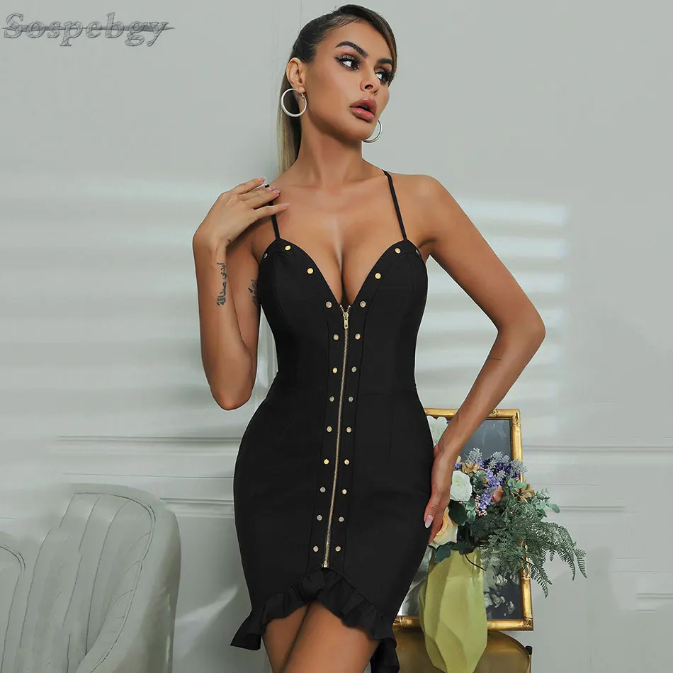 

Sexy Women Spaghetti Strap V-neck Bandage Dress Irregular Ruffle Front Zipper Rivet Design Bodycon Mini Party Dress 2021 New