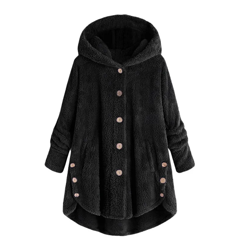 Women New Winter Plus Size S-5XL Button Coat Fluffy Tail Tops Hooded Pullover Loose Oversize Coats Warm Outwear for Fashion