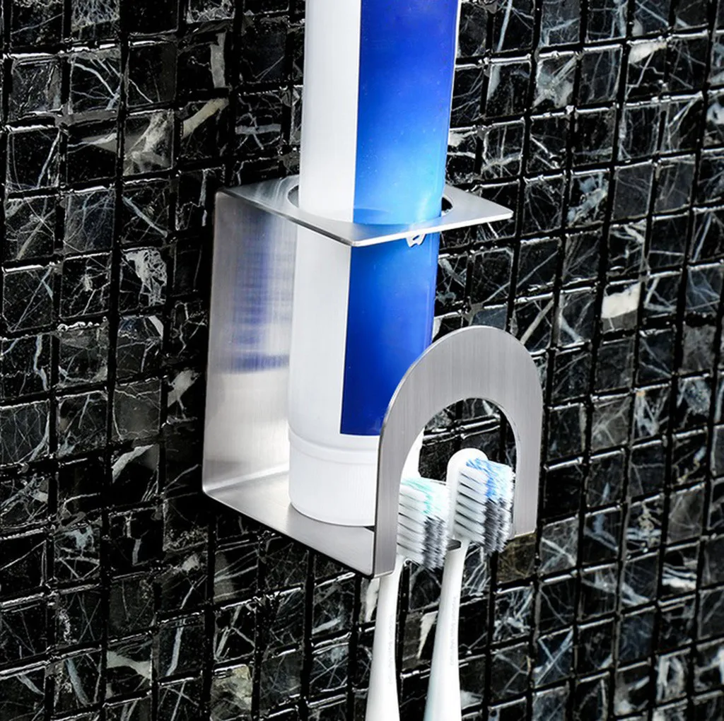New Stainless Steel Toothpaste Dispenser Toothbrush Holder Set Wall Mount Stand