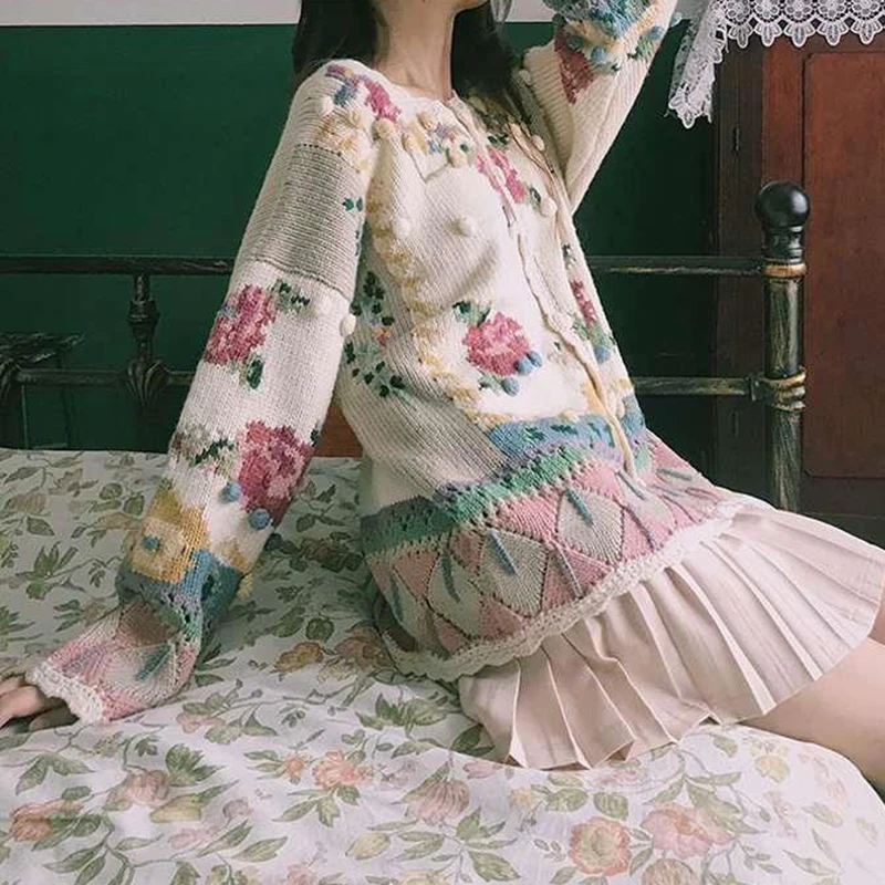 Embroidered Flower Knitted Cardigan Sweater Coat