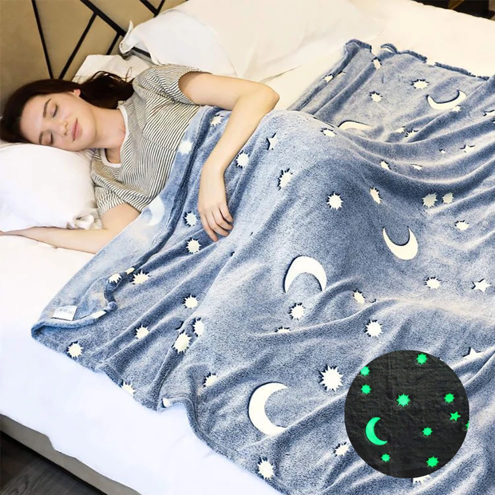 Hot Item Fleece Blanket Bedspread Throw Plush Glow-In-The-Dark Grey-Stars/moon Sofa New 4000406255809