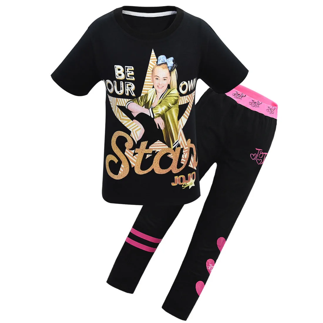 JOJO siwa/Блестящая хлопковая детская одежда для девочек, футболка летние топы с короткими рукавами для маленьких девочек+ штаны, спортивные комплекты одежды - Цвет: 8361black