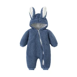 Barboteuse avec oreilles de lapin pour bébé fille et garçon, combinaison chaude à capuche, en molleton uni, avec fermeture éclair, vêtement mignon pour enfant 
