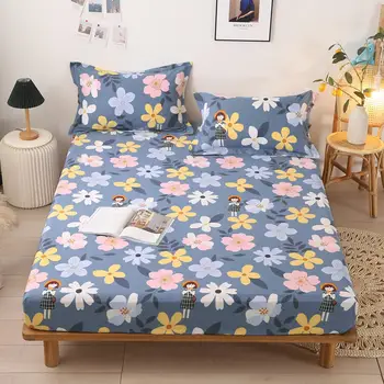 

Bonenjoy 1 pc Fitted Sheet 100% Cotton drap housse Flower Style Sheet On An Elastic Band And Pillowcase For Adult Mattress Cover
